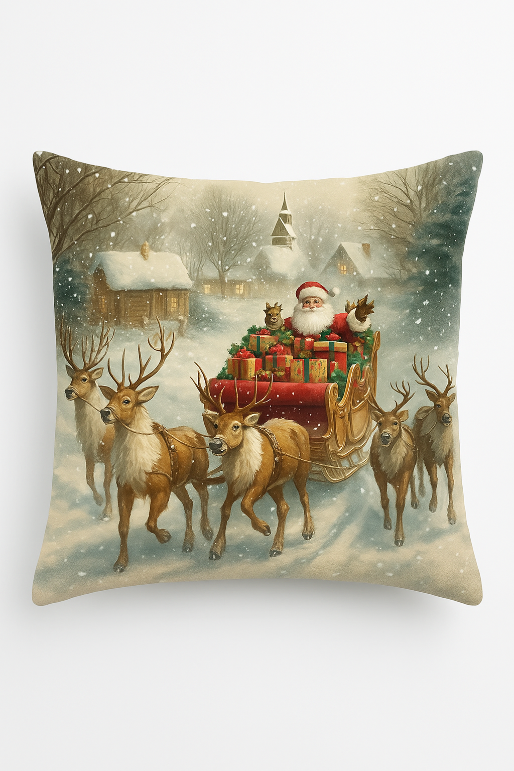 housse de coussin motif père noël et chalet enneigé