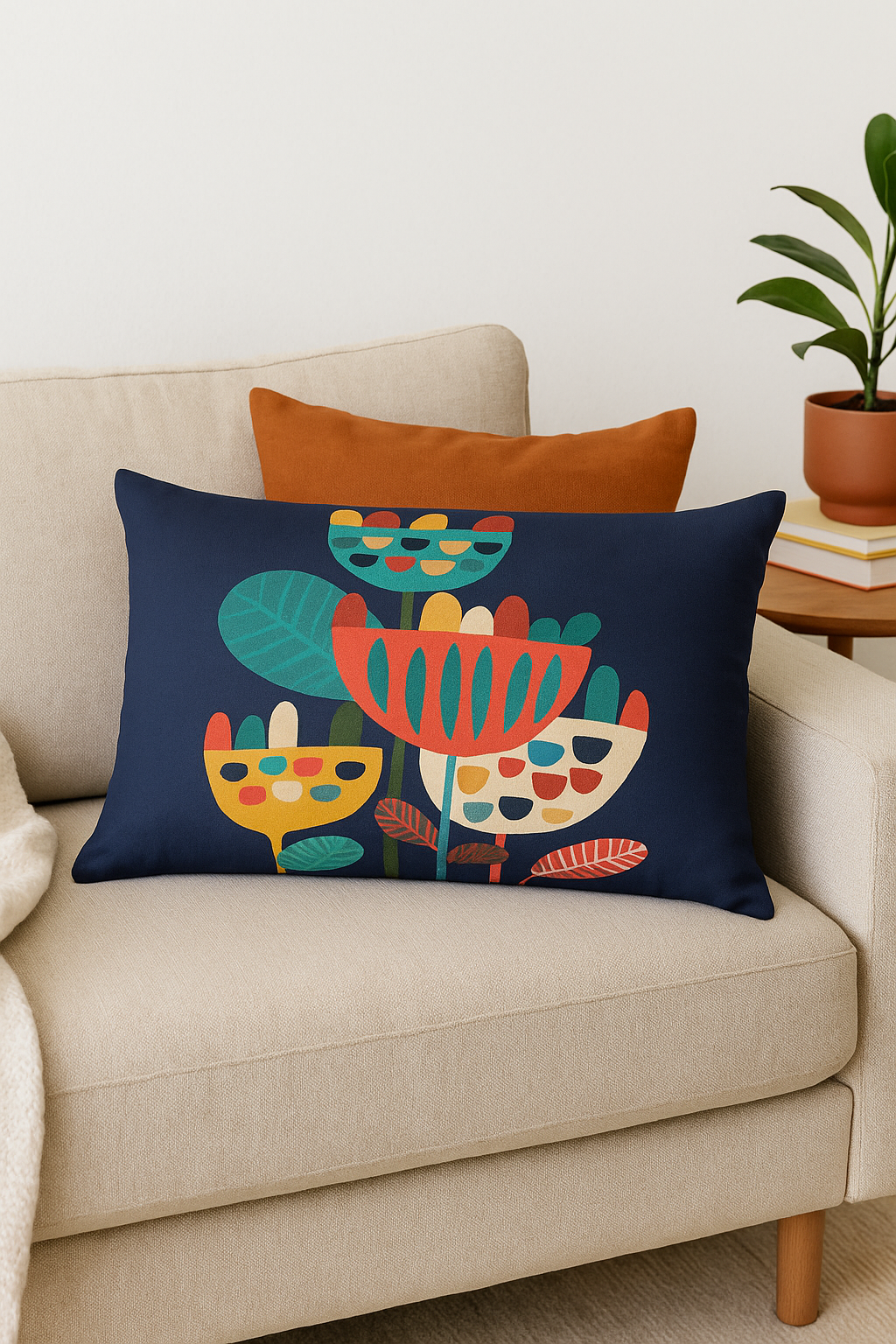 housse de coussin rectangulaire motif géométrique arc-en-ciel et végétal - vue 3 sur 2