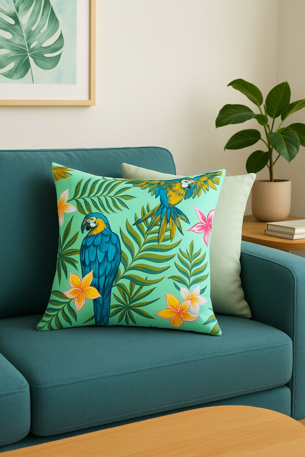 housse de coussin tropical avec motif perroquet coloré