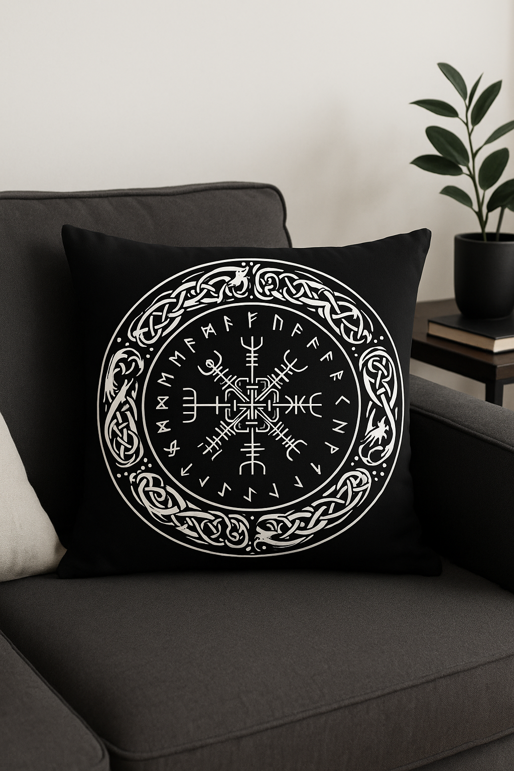 housse de coussin viking amulet motif géométrique noir blanc