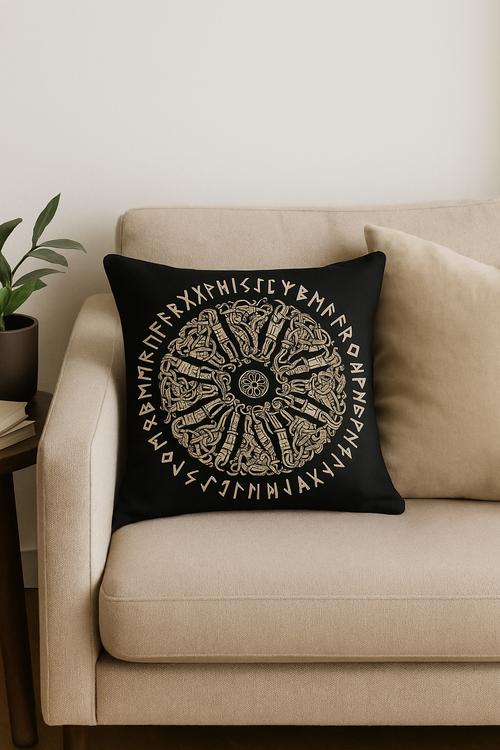 housse de coussin viking amulet motif géométrique noir et blanc