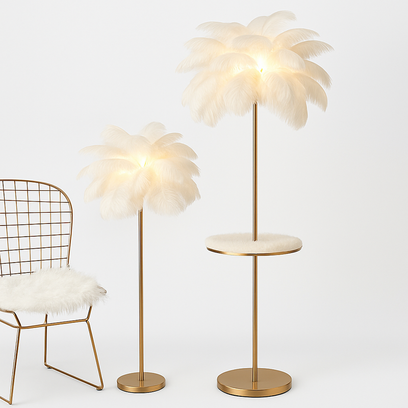 lampadaire décoratif nordique avec plumes d'autruche et éclairage led