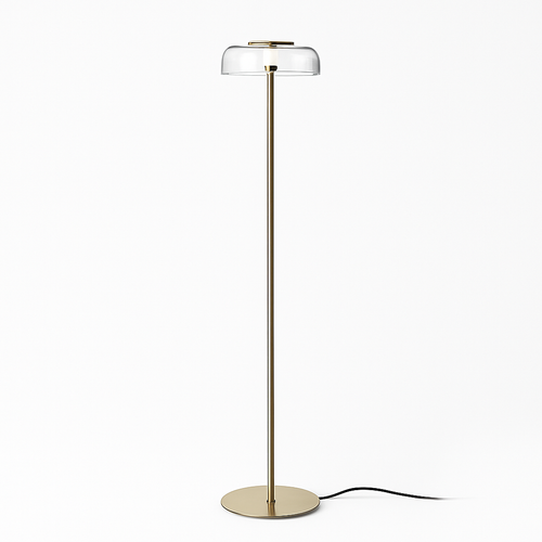 Lampadaire doré avec abat-jour en verre arrondi