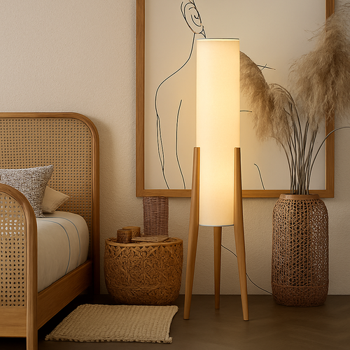 Lampadaire en bois massif Art nordique Simple abat-jour moderne tissu chambre salon décor lecture restaurant salon standin