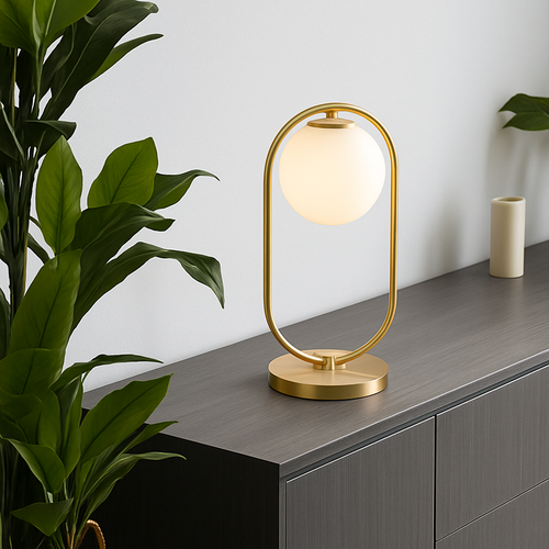 Lampe de chevet design en métal doré et boule en verre