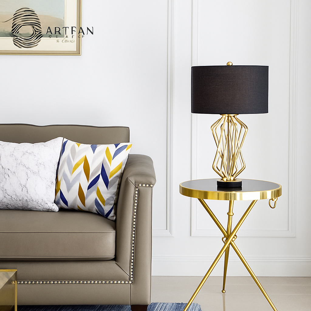 Lampe de chevet à pied design doré et abat-jour en tissu - vue 4 sur 5
