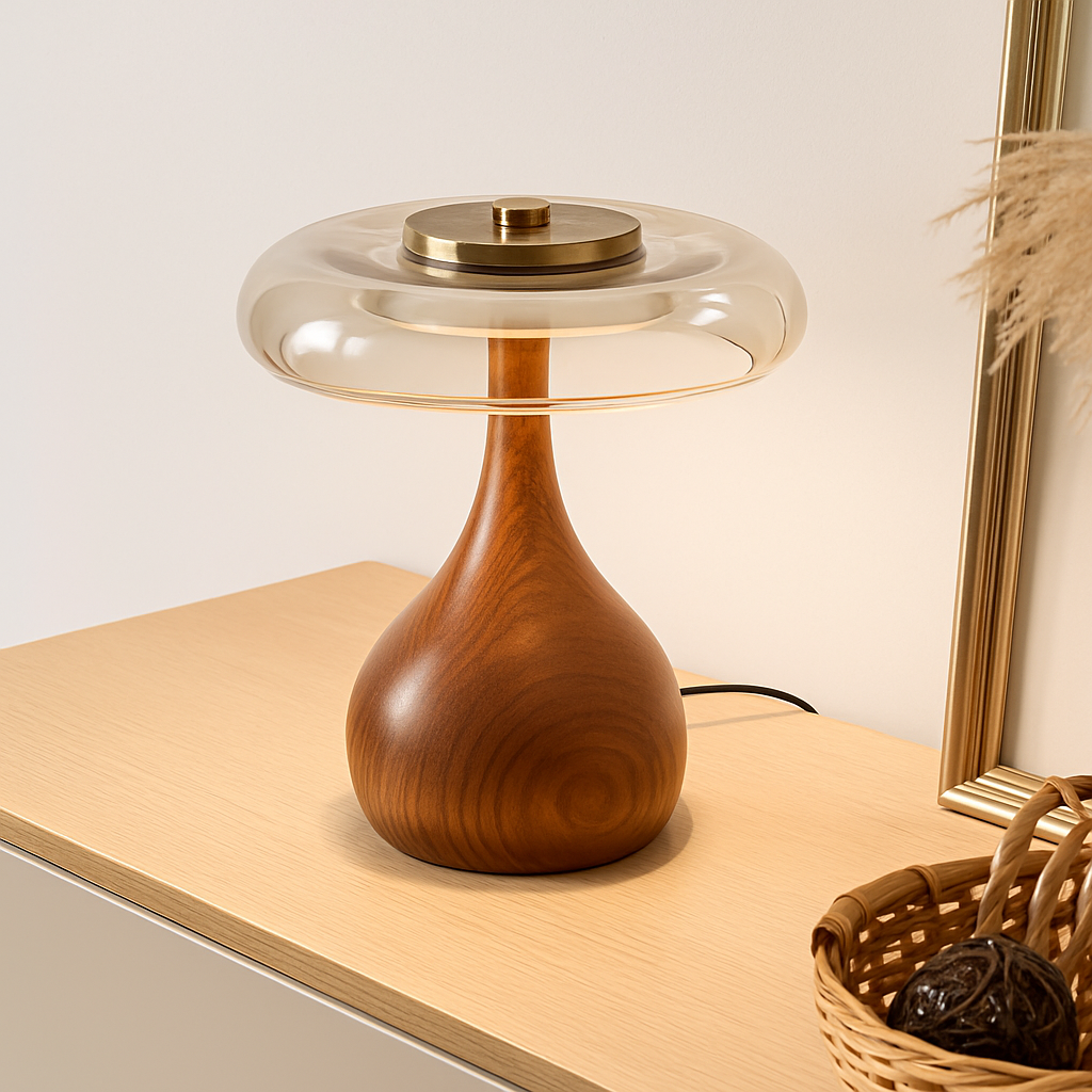 lampe de table rétro en verre et bois design japonais - vue 4 sur 8