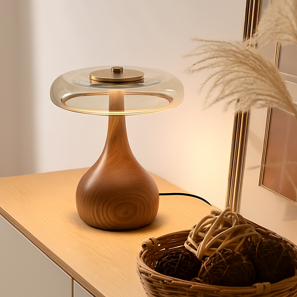 lampe de table rétro en verre et bois design japonais - vue 7 sur 8