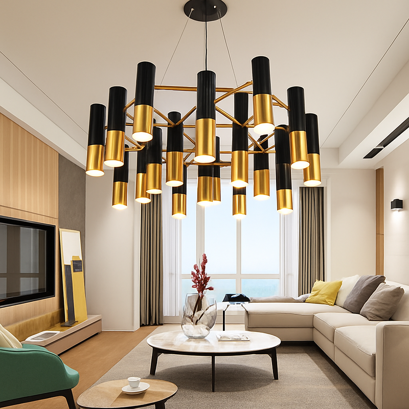 Lustre design avec tubes en métal noir et doré Italy
