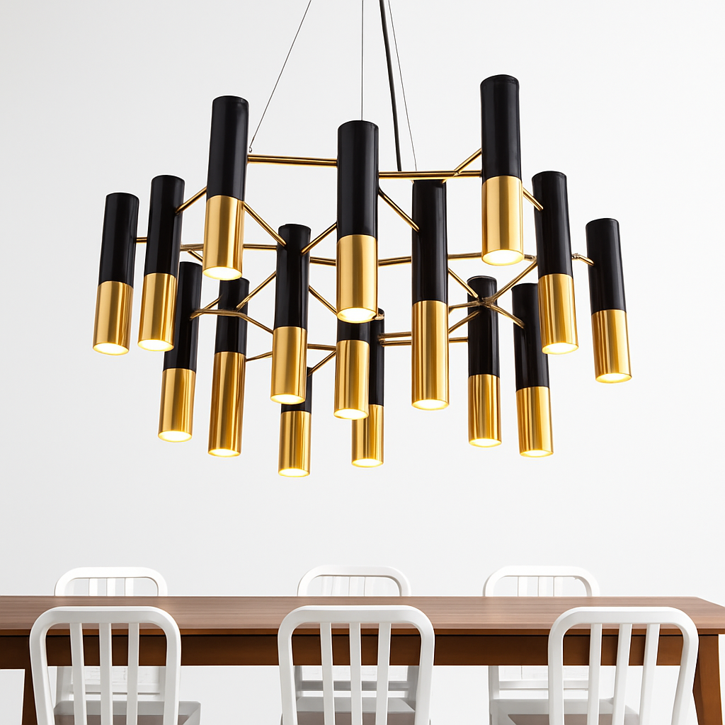 Lustre design avec tubes en métal noir et doré Italy - vue 4 sur 6
