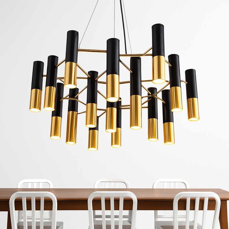 Lustre design avec tubes en métal noir et doré Italy