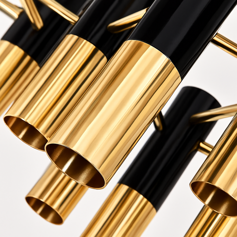 Lustre design avec tubes en métal noir et doré Italy