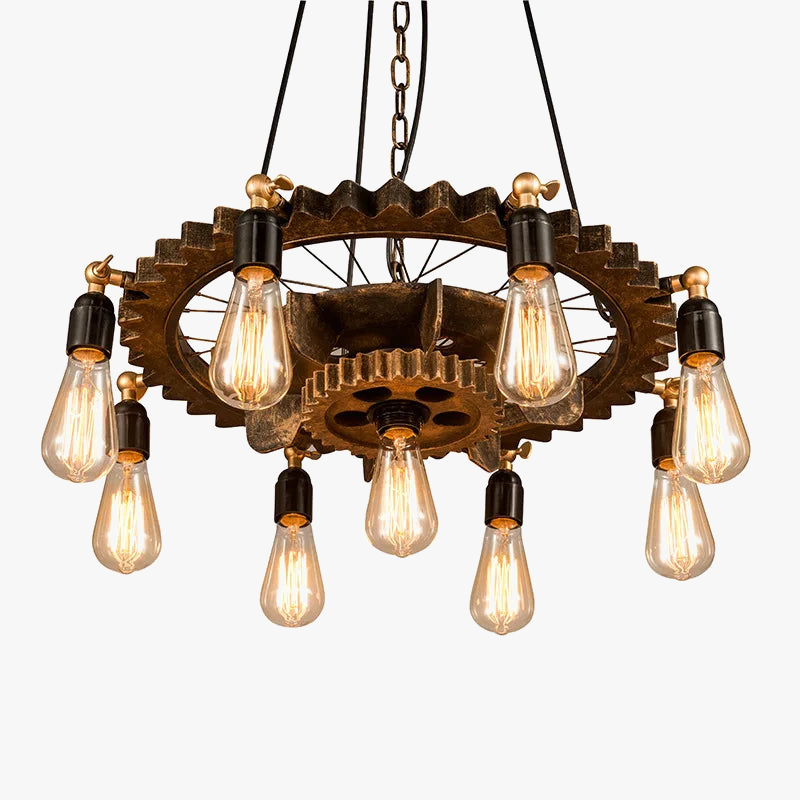 Lustre industriel rétro créatif 9 têtes en bois pour loft restaurant café
