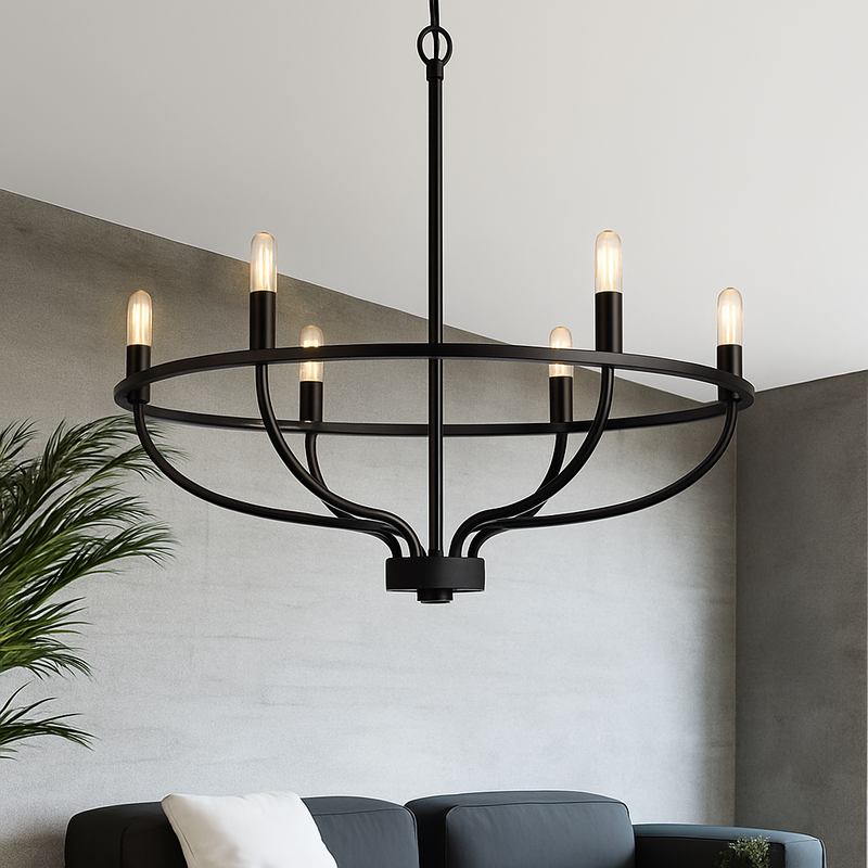 Lustre industriel rétro en fer à 6 têtes