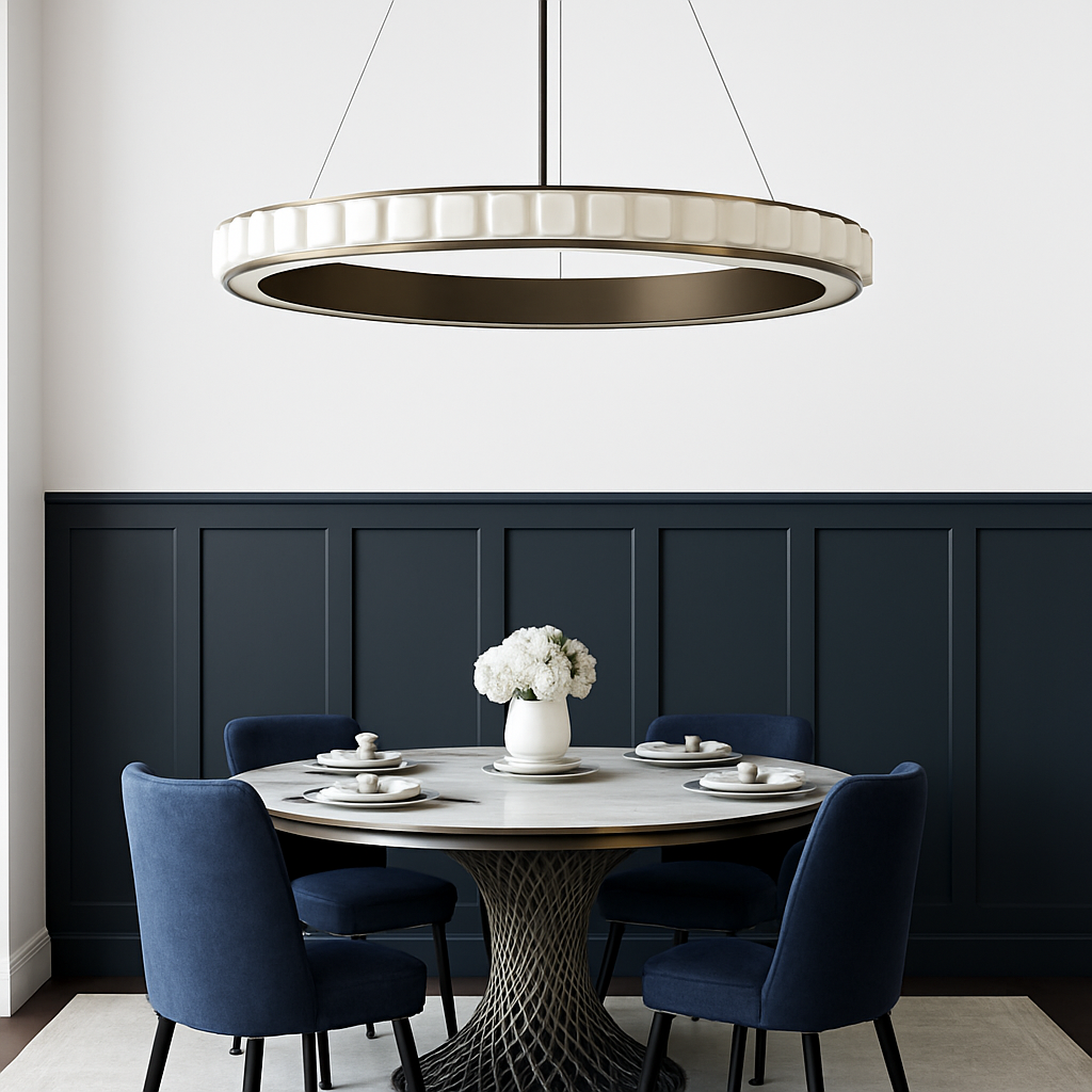 Lustre LED marbre acier inoxydable or noir rond - vue 6 sur 17