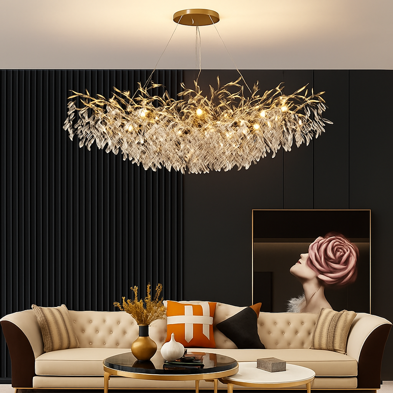 lustre moderne en cristal clair avec éclairage en métal réglable