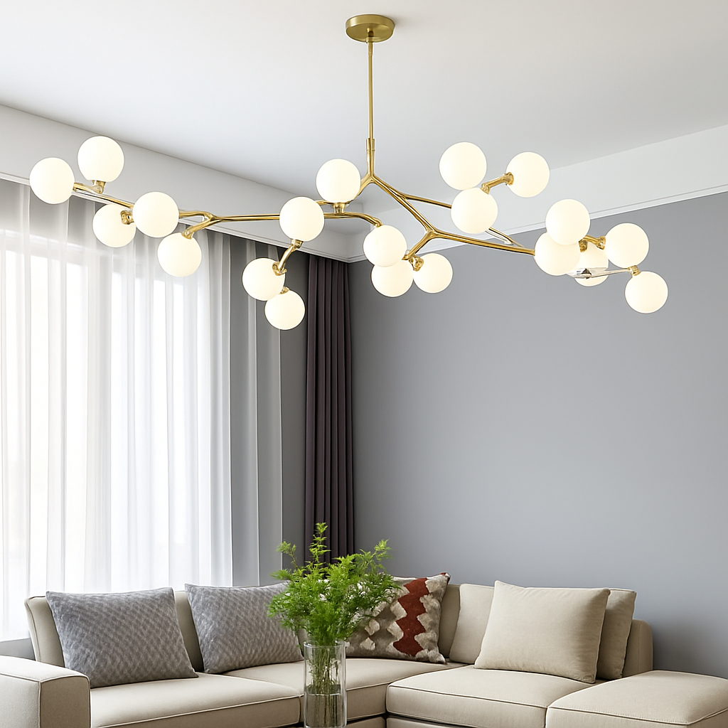 lustre moderne led avec branches d'arbre et boules de verre - vue 4 sur 12