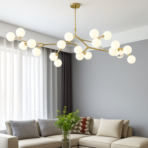 lustre moderne led avec branches d'arbre et boules de verre