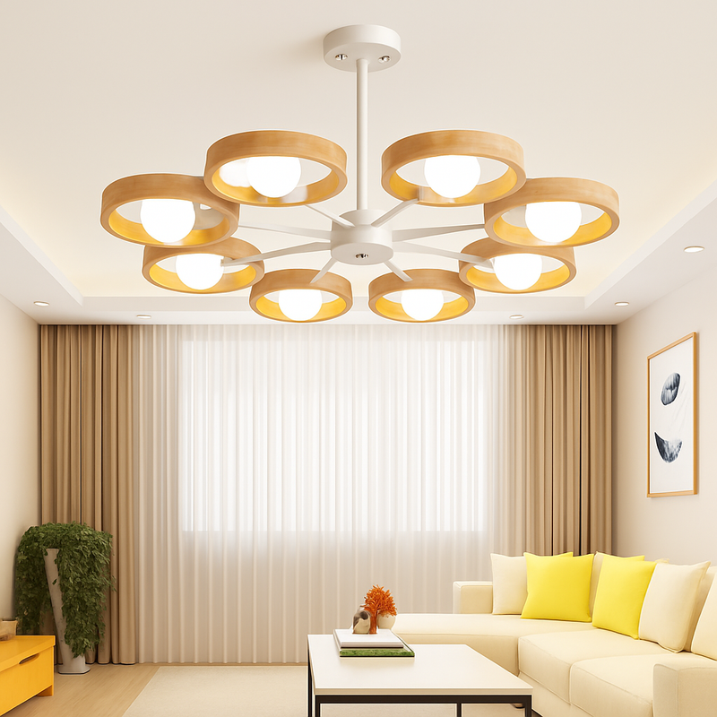 lustre nordique en bois avec abat-jour rond suspendu