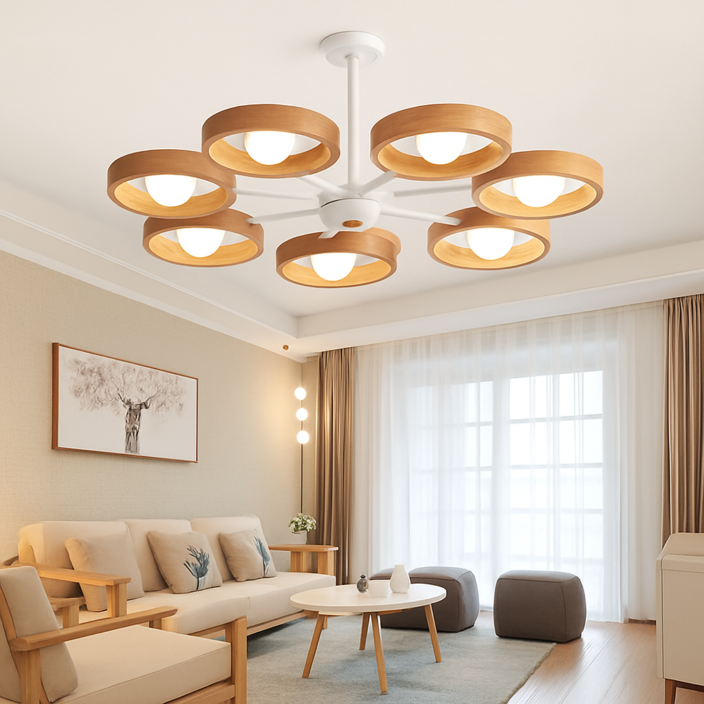lustre nordique en bois avec abat-jour rond suspendu - vue 5 sur 12