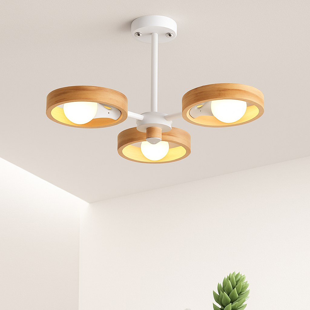 lustre nordique en bois avec abat-jour rond suspendu - vue 6 sur 12