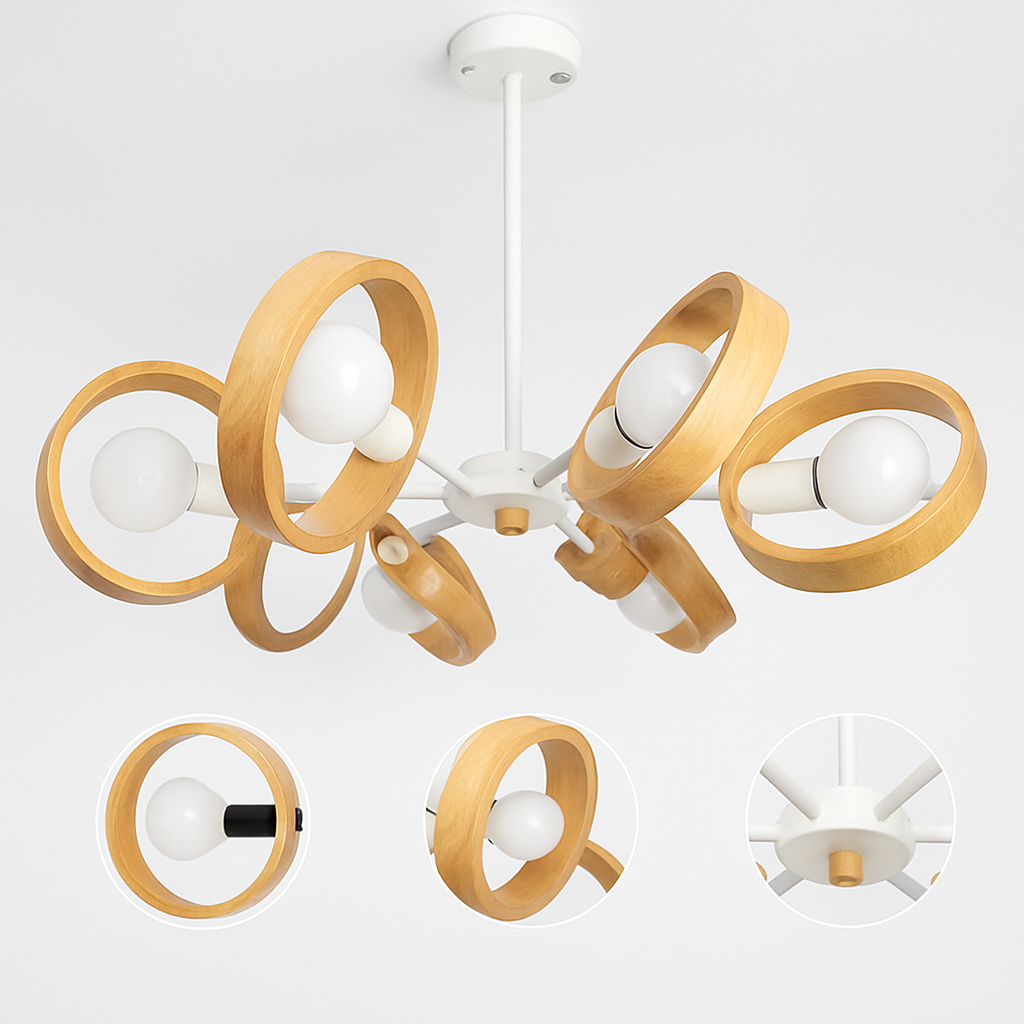 lustre nordique en bois avec abat-jour rond suspendu - vue 8 sur 12