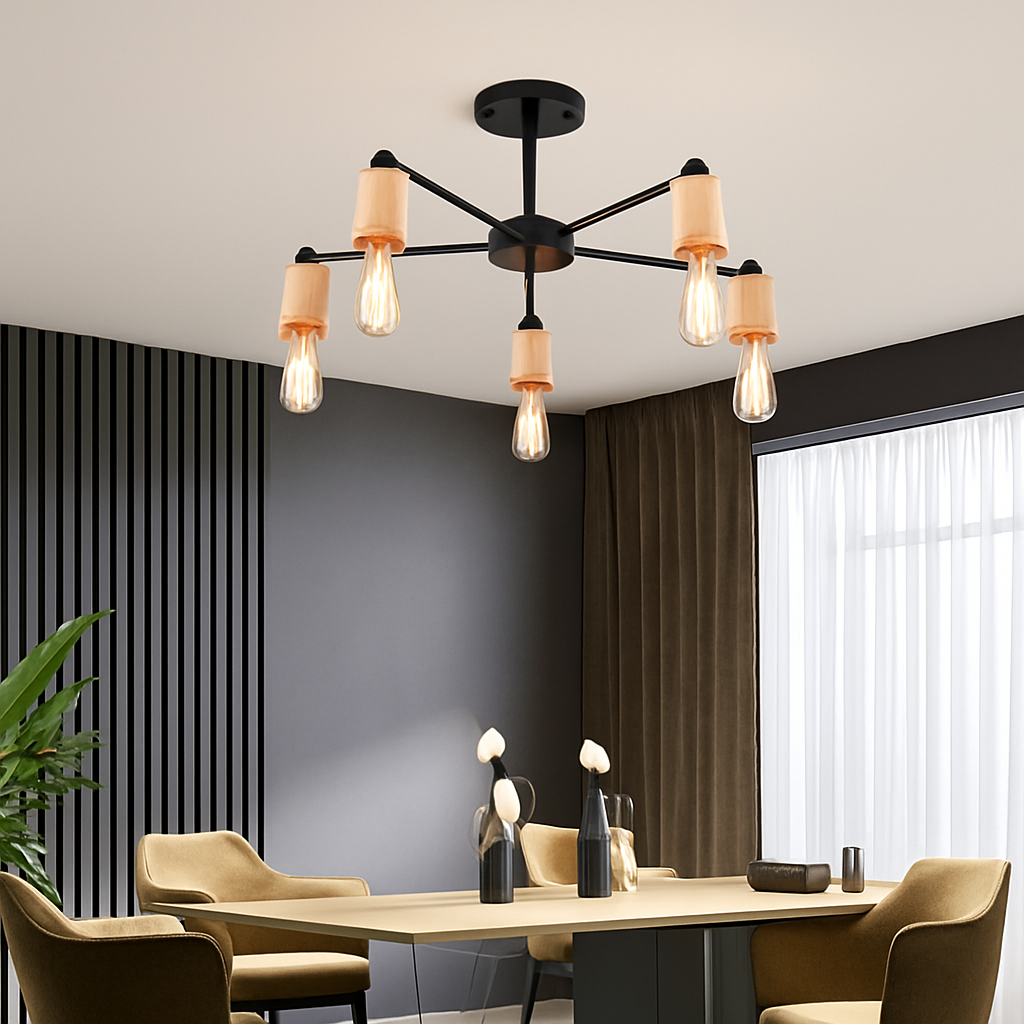 lustre sputnik industriel en bois et fer moderne - vue 4 sur 10