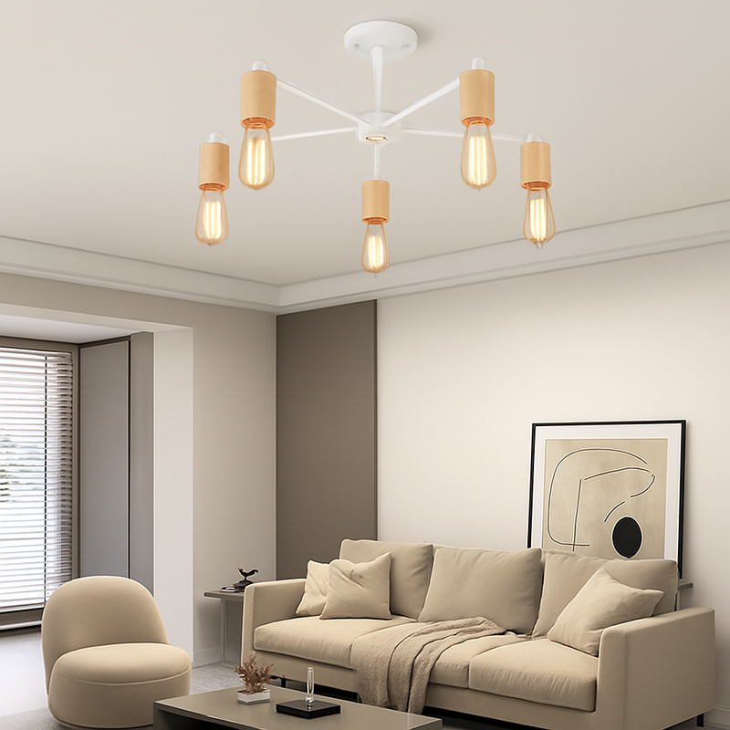 lustre sputnik industriel en bois et fer moderne