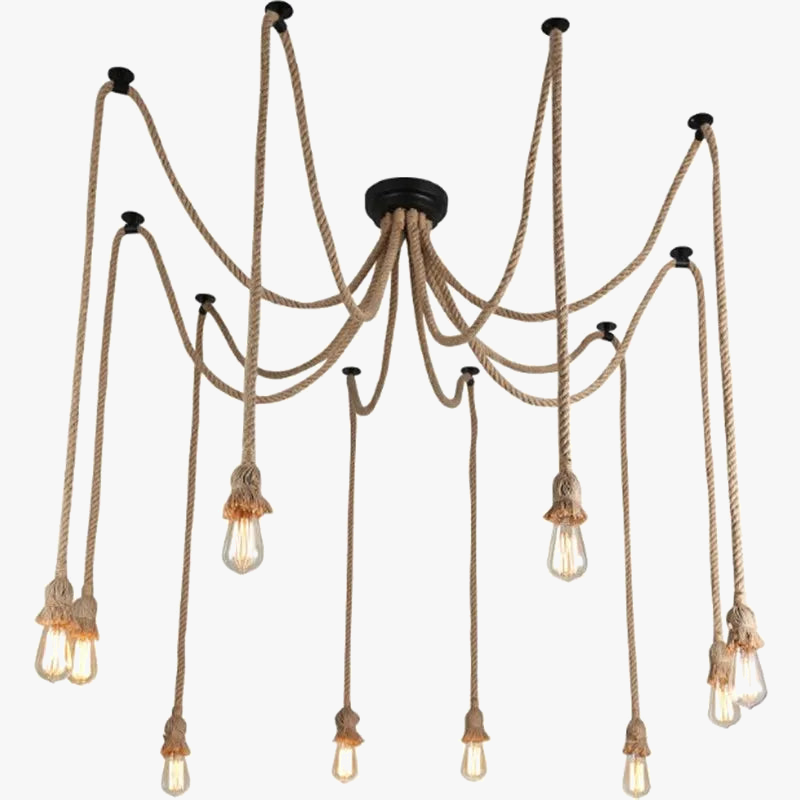 lustre vintage en corde de chanvre style araignée avec ampoule rétro