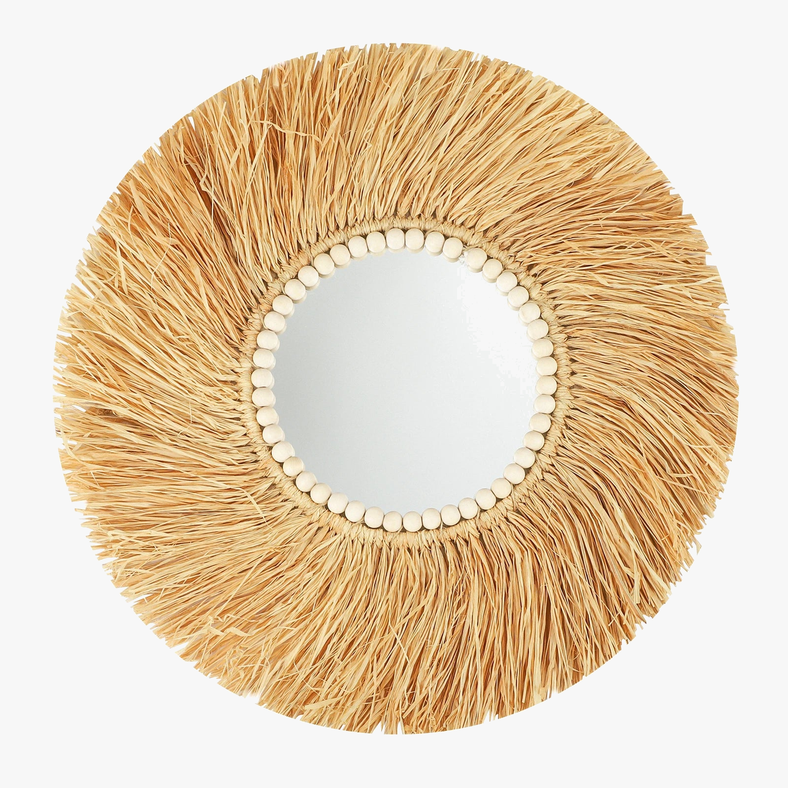miroir décoratif en perles de bois de raphia fait main style bohème
