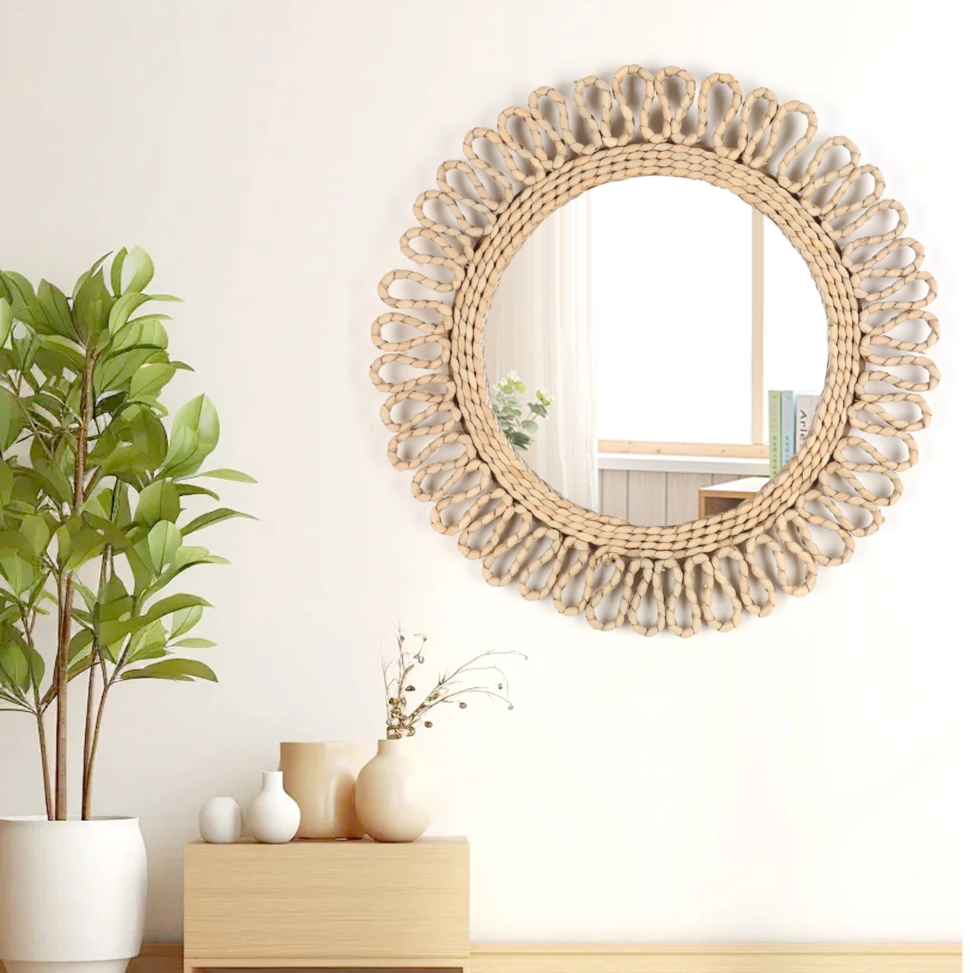 miroir mural circulaire bohème tissé décoratif pour une ambiance chaleureuse