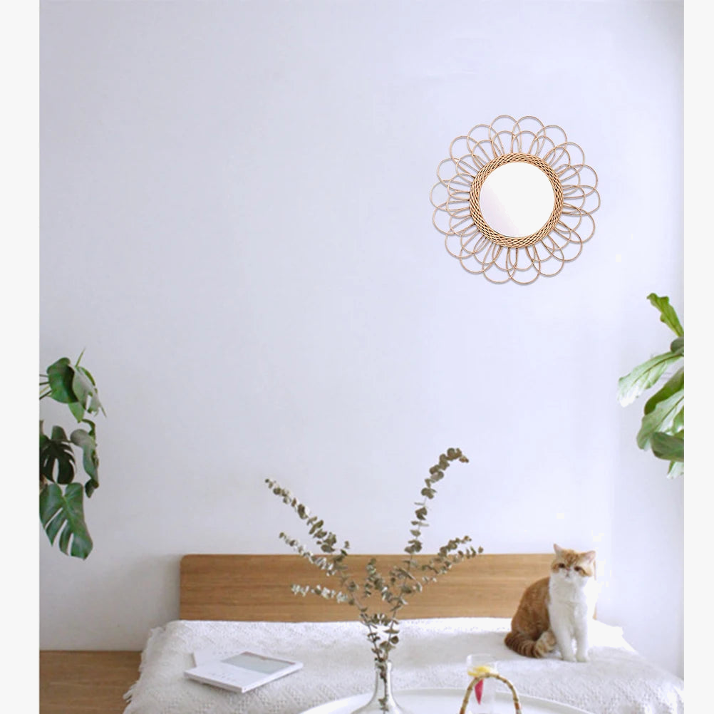 miroir suspendu en rotin motif tournesol décoratif boho