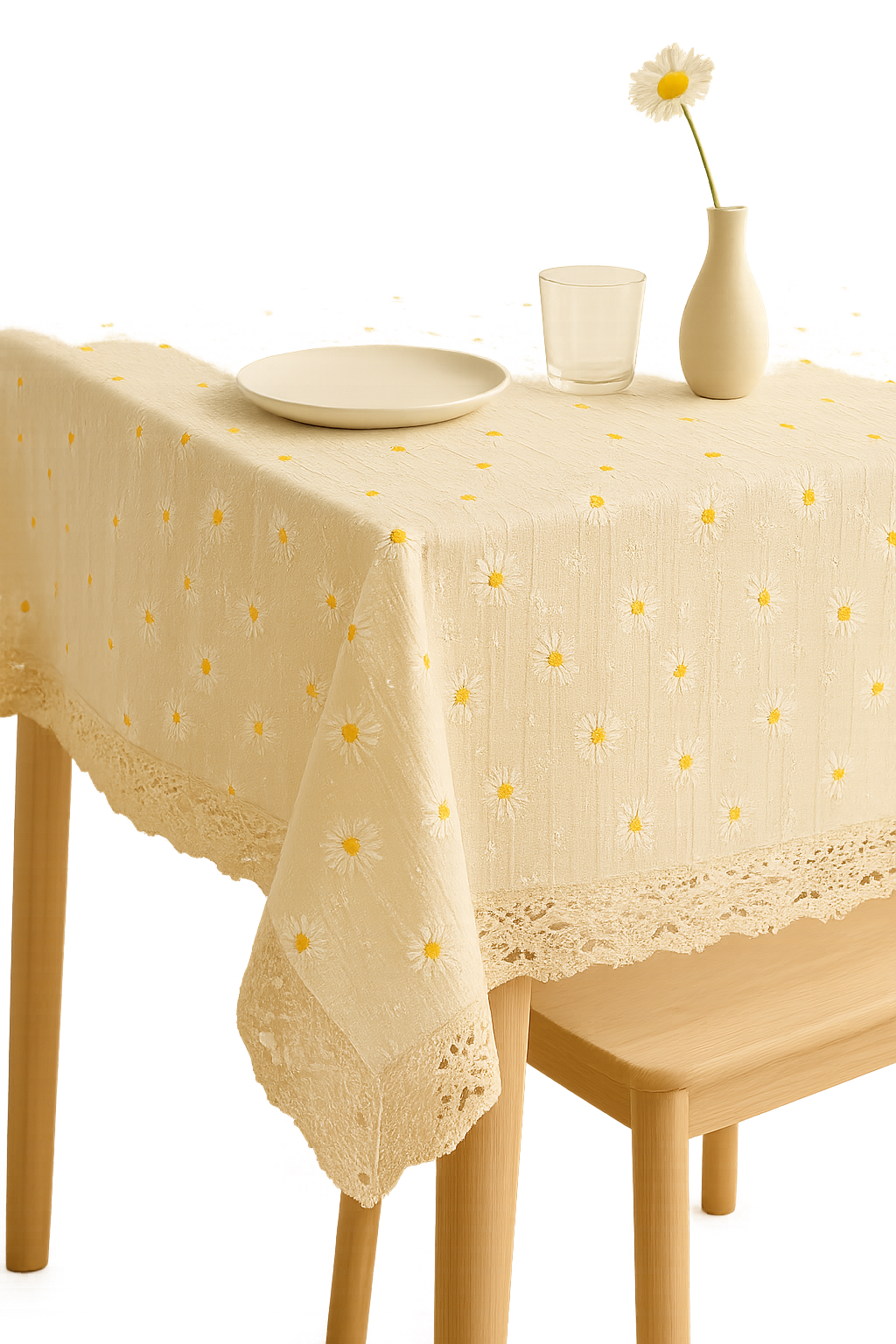 Nappe coton brodée marguerites style coréen table repas - vue 3 sur 2