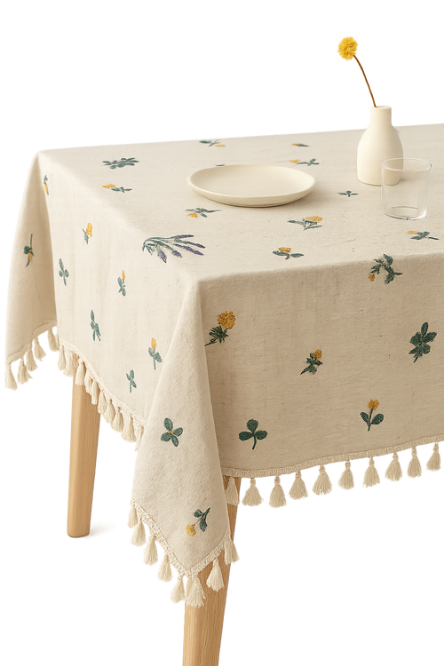 Nappe coton lin brodée style européen à pompons