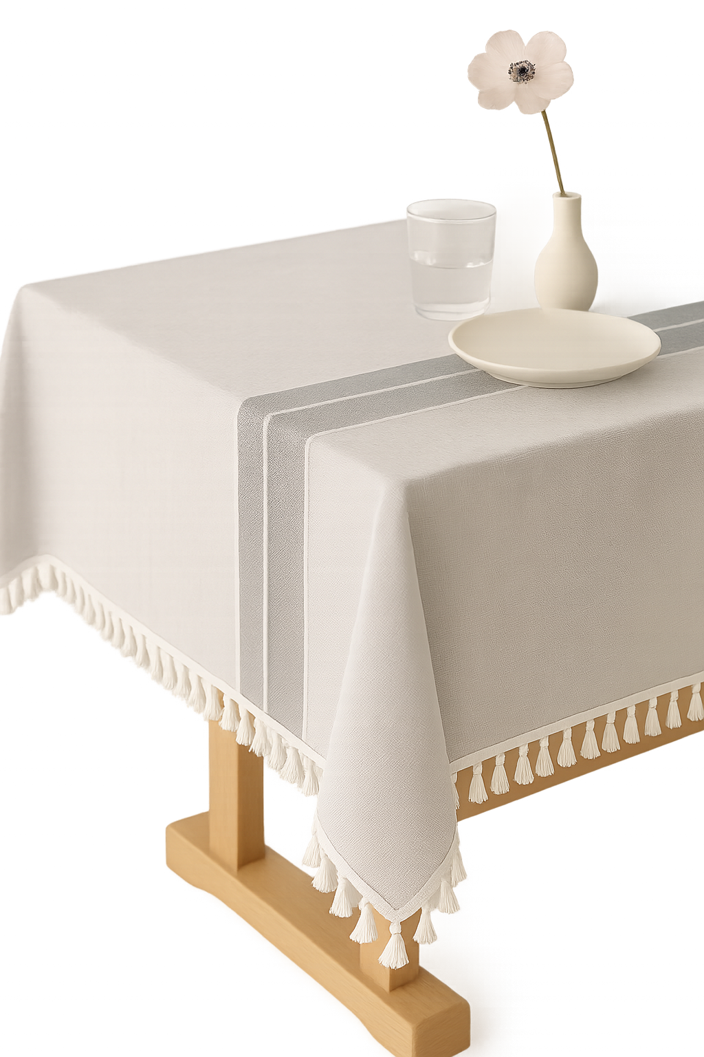 Nappe coton lin imperméable style champêtre rayures pompons - vue 3 sur 2