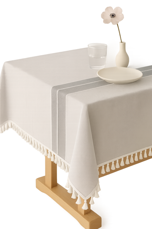 Nappe coton lin imperméable style champêtre rayures pompons