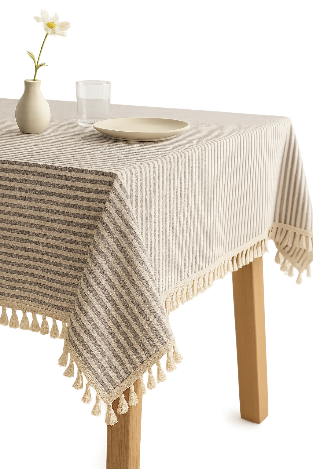 Nappe coton lin rayures pompons style moderne table - vue 3 sur 2