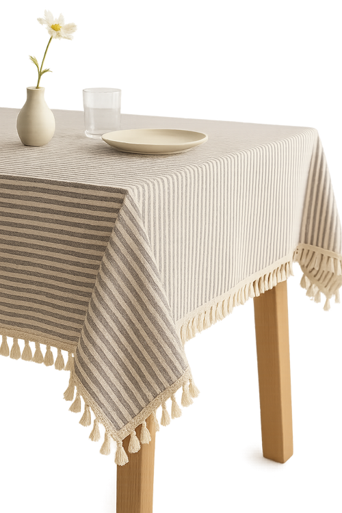 Nappe coton lin rayures pompons style moderne table