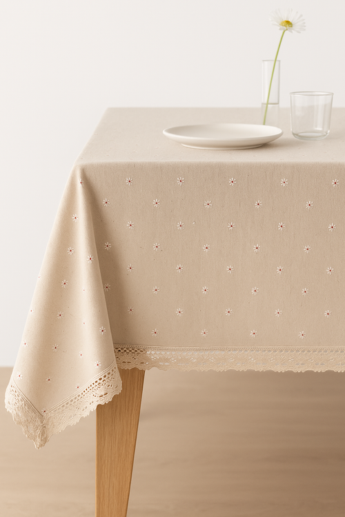 Nappe coton style champetre dentelle fleurs pompons table
