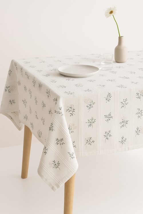 Nappe coton style champetre dentelle marguerite pompons table