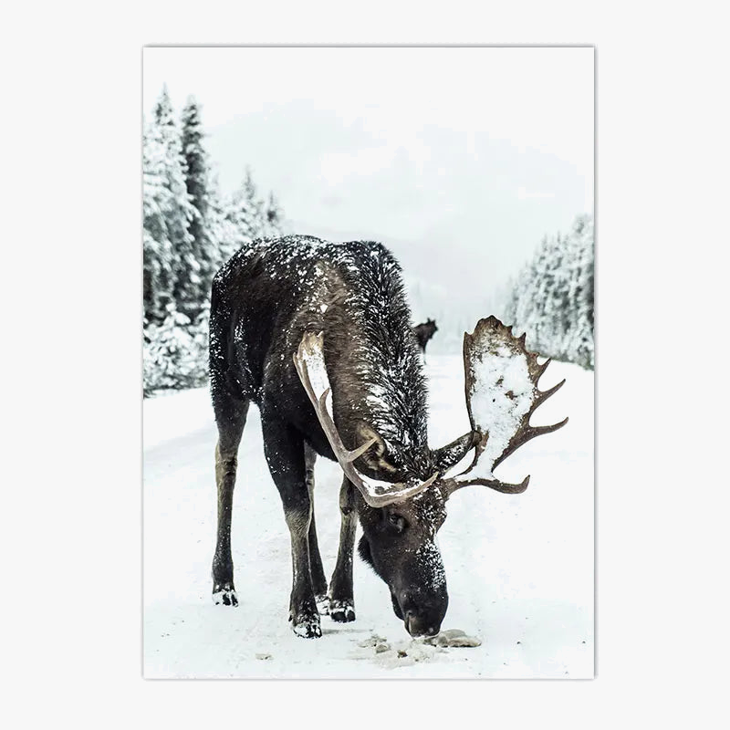 peinture murale forêt enneigée avec animaux nordiques décorative
