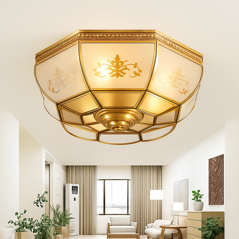 plafonnier classique en cuivre avec abat-jour en verre