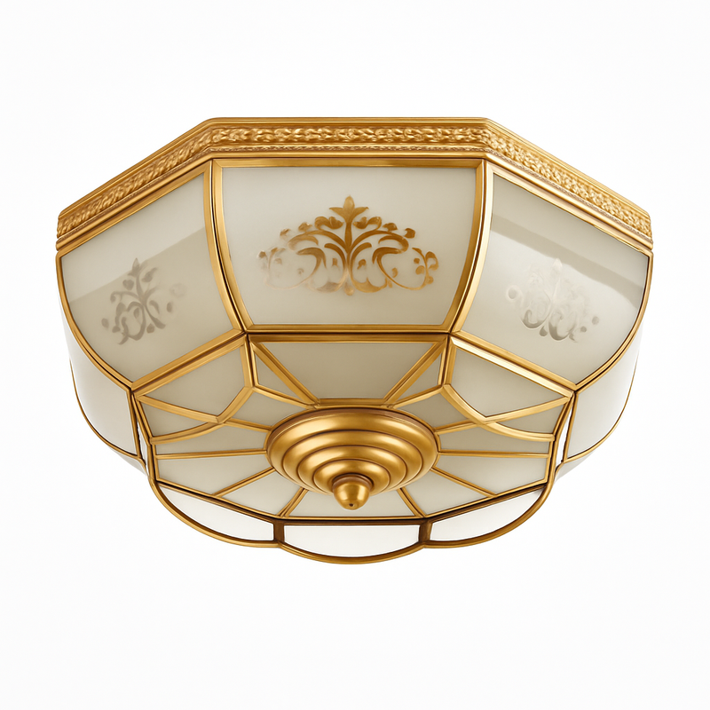 plafonnier classique en cuivre avec abat-jour en verre