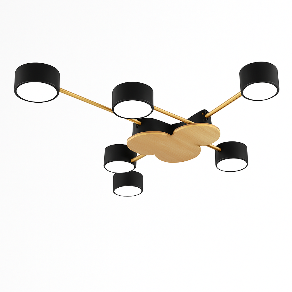 Plafonnier LED design en métal et bois avec plusieurs lampes rondes Aibiou - vue 7 sur 12