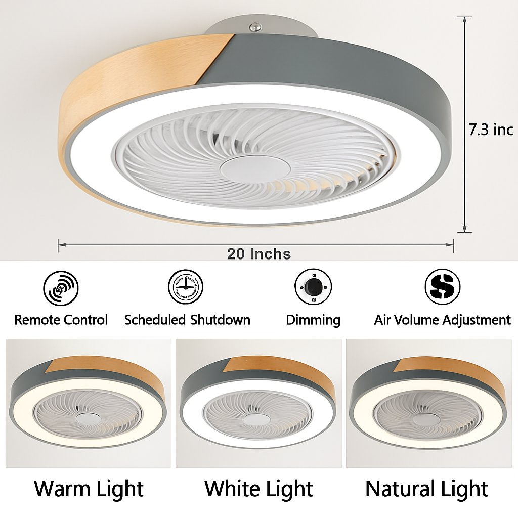 plafonnier led en bois avec ventilateur et télécommande design moderne - vue 4 sur 12
