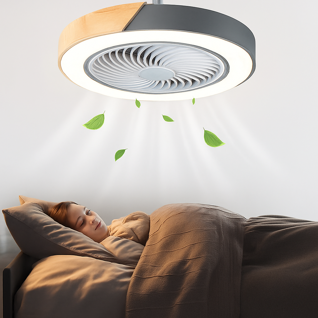 plafonnier led en bois avec ventilateur et télécommande design moderne - vue 3 sur 12