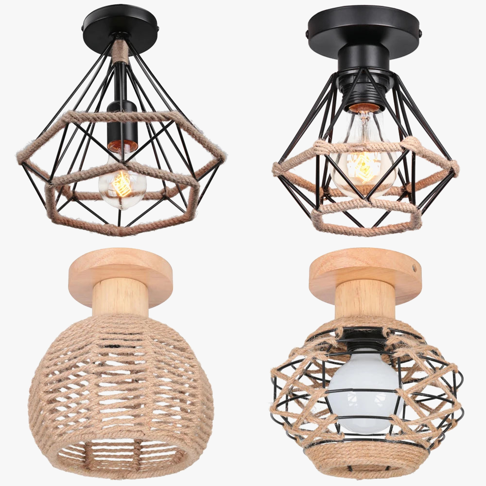 Plafonnier rétro en métal avec Cage en fer et corde de chanvre pour intérieur d'allée