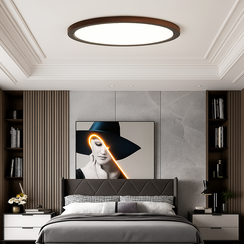 plafonnier rond ultra mince en noyer pour un éclairage moderne
