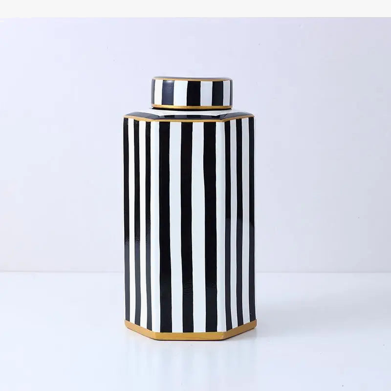 pot en céramique rayé avec couvercle pour rangement décoratif