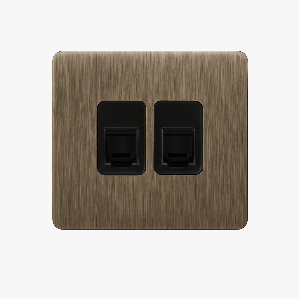 Prise double RJ45 en acier gris vieilli brossé bords arrondis